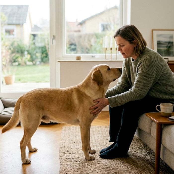 En kvinde vejer sin hund hjemme i stuen