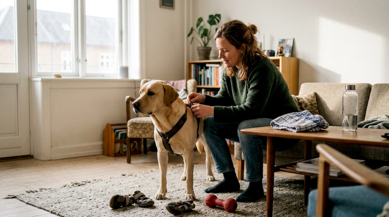 En hundeejer gennemgår hundeselen hjemme i stuen