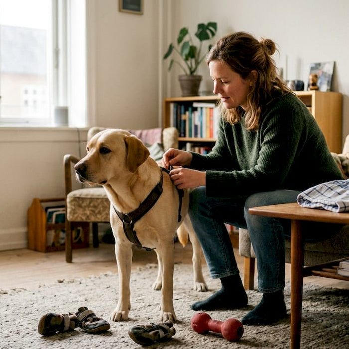 En hundeejer gennemgår hundeselen hjemme i stuen