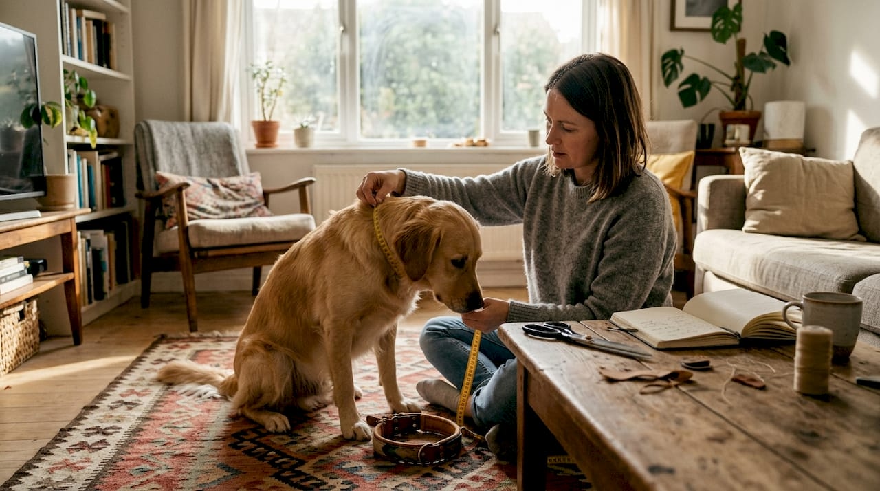 En kvinde tager mål af sin hund med hjemmelavet udstyr
