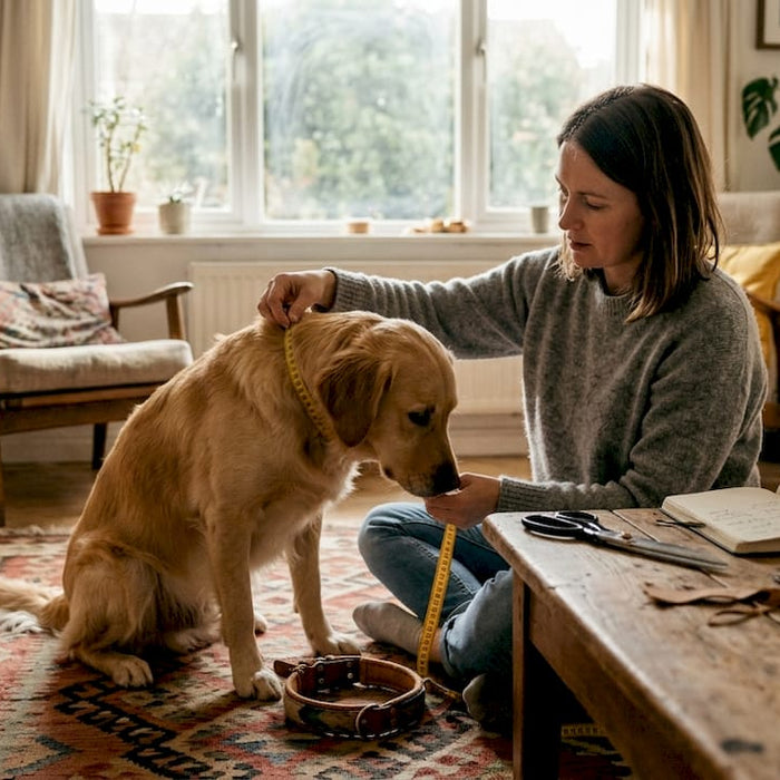 En kvinde tager mål af sin hund med hjemmelavet udstyr