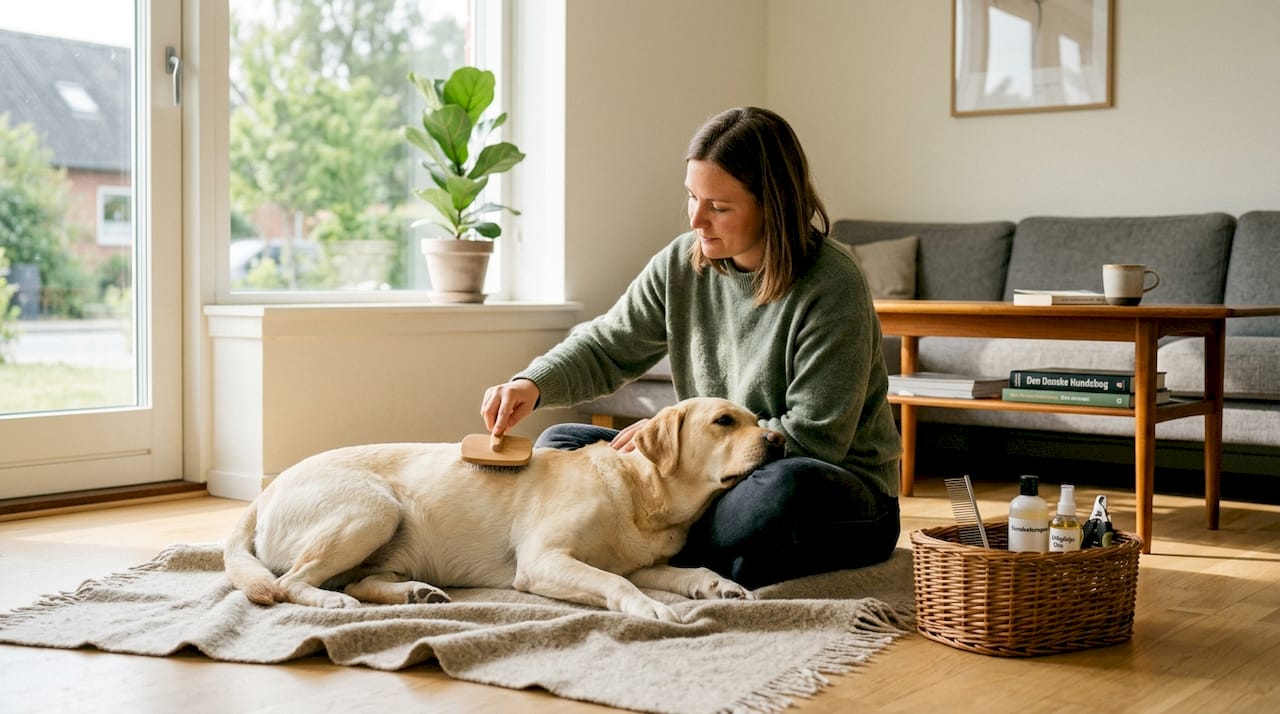 Kvinde giver sin hund en kærlig pleje med allergivenlige produkter
