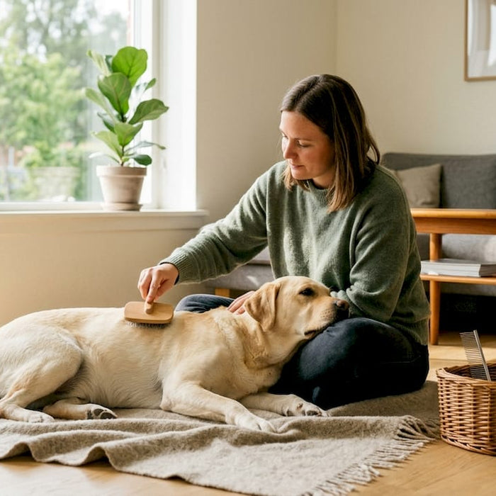 Kvinde giver sin hund en kærlig pleje med allergivenlige produkter