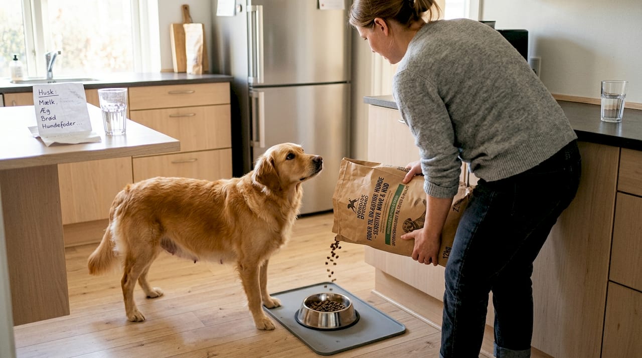 Hundeejeren giver sin drægtige hund mad i køkkenet.