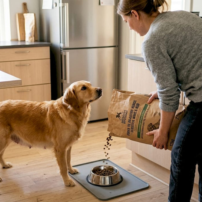 Hundeejeren giver sin drægtige hund mad i køkkenet.