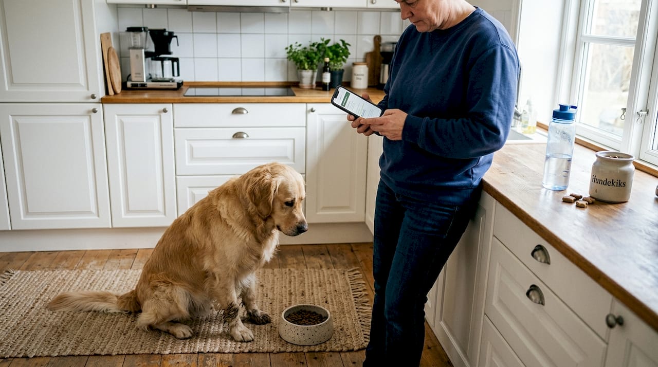 Golden retrieveren snuser nysgerrigt til madskålen for at tjekke, om der er nok kalk i maden.