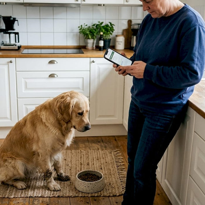 Golden retrieveren snuser nysgerrigt til madskålen for at tjekke, om der er nok kalk i maden.