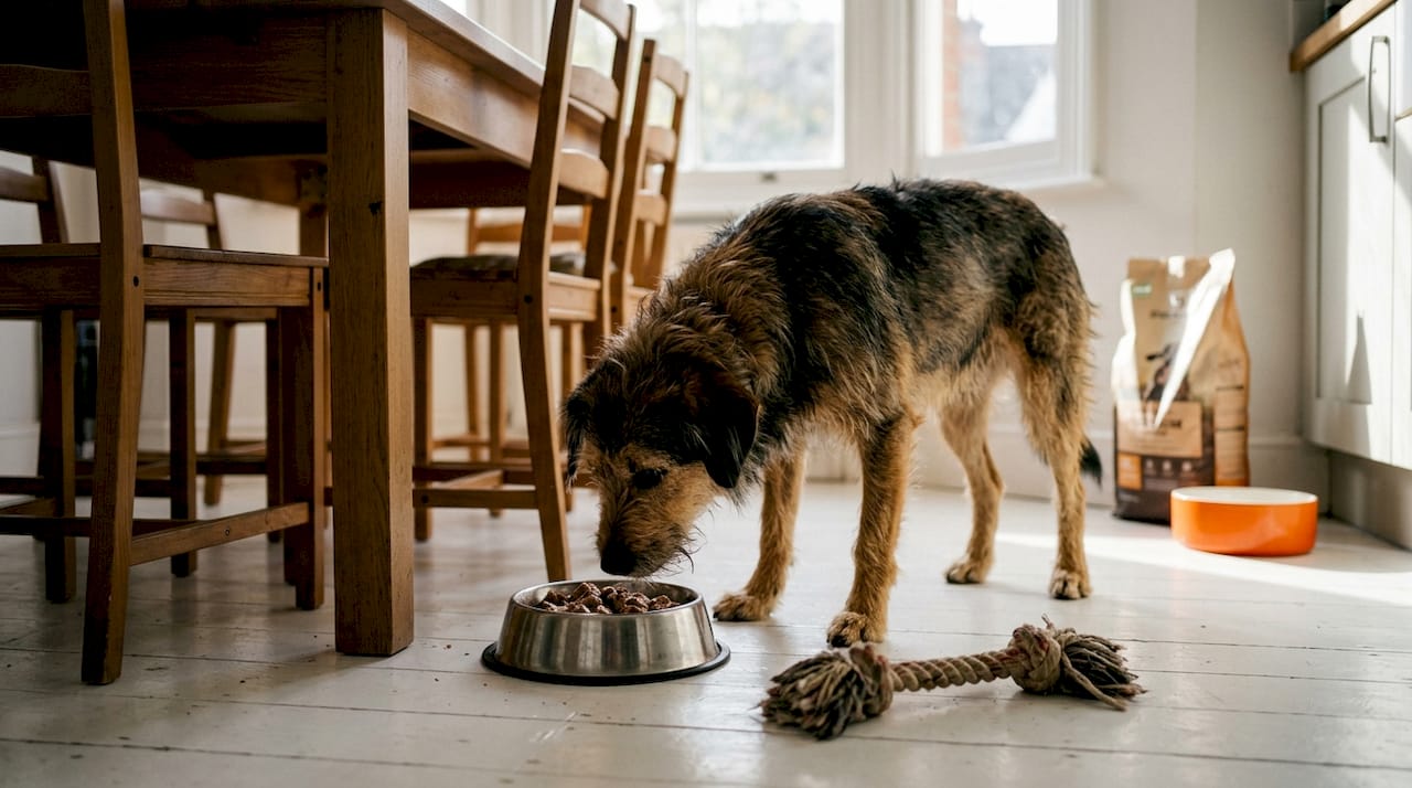 Vores hund nyder sit monoprotein-foder i køkkenet.