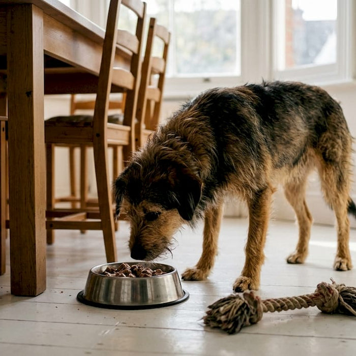 Vores hund nyder sit monoprotein-foder i køkkenet.