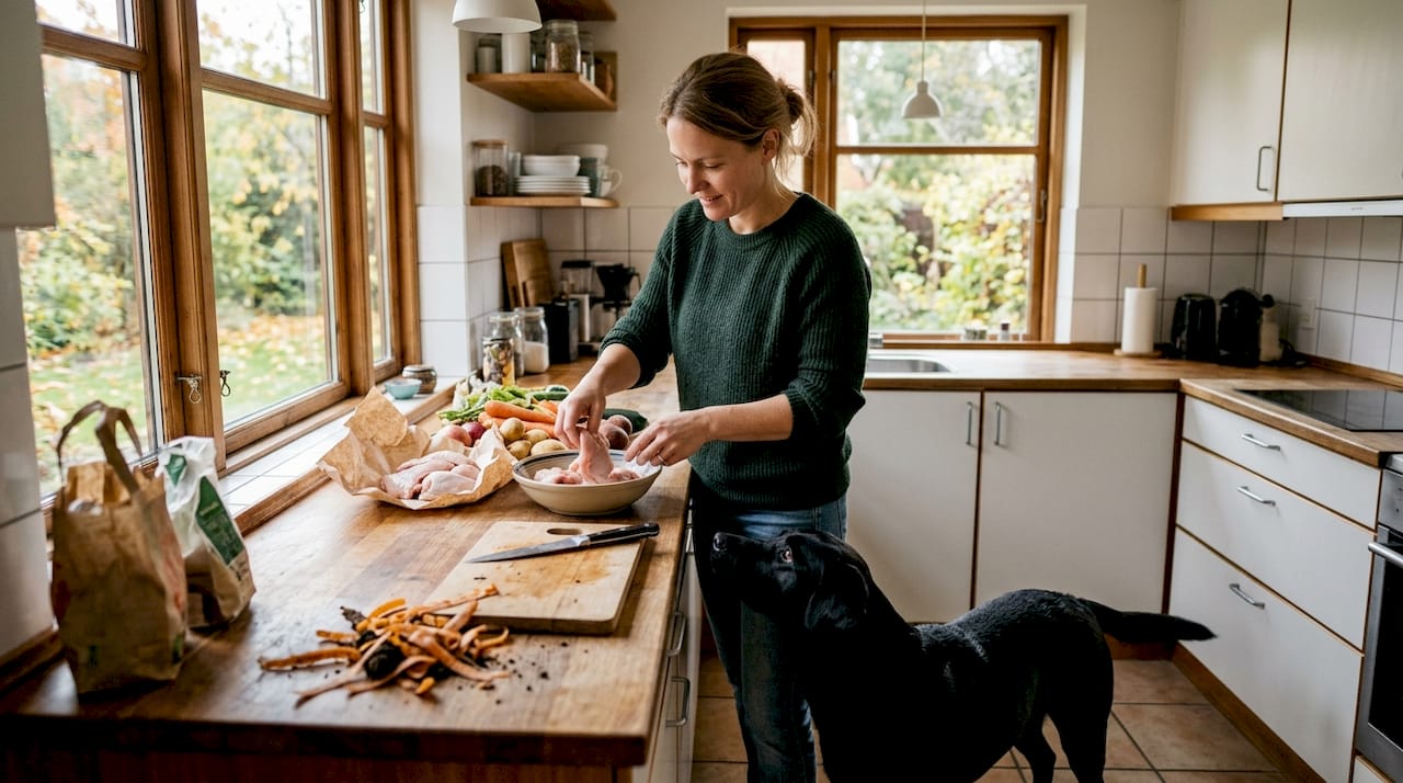 Dansk hundeejer gør klar med friske råvarer til sin hund