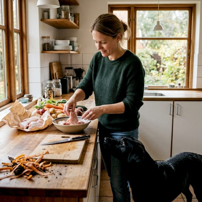 Dansk hundeejer gør klar med friske råvarer til sin hund