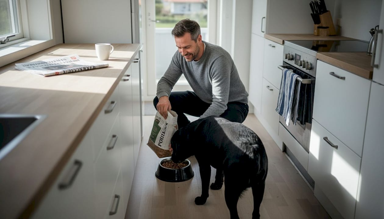 En hundeejer giver sin hund mad i køkkenet derhjemme.