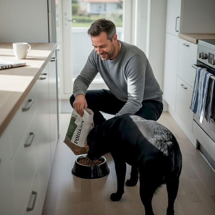 En hundeejer giver sin hund mad i køkkenet derhjemme.