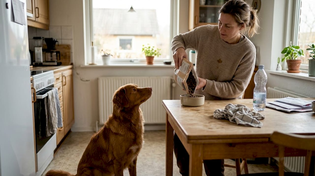 Hunden sidder tålmodigt og venter på mad ved køkkenbordet.