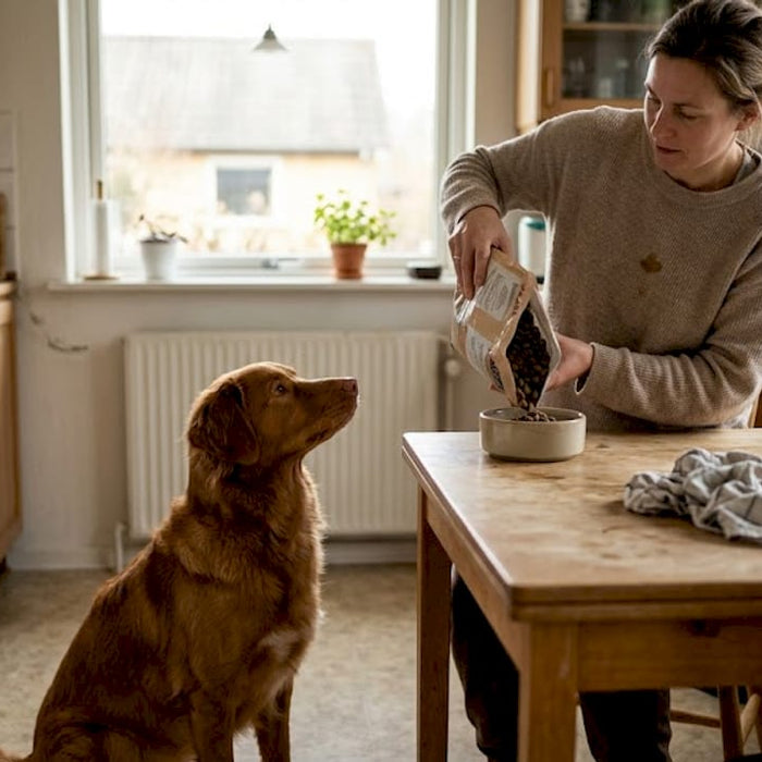 Hunden sidder tålmodigt og venter på mad ved køkkenbordet.