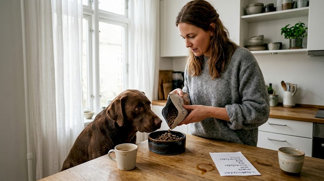 Hunden får sit særlige foder serveret på køkkenbordet