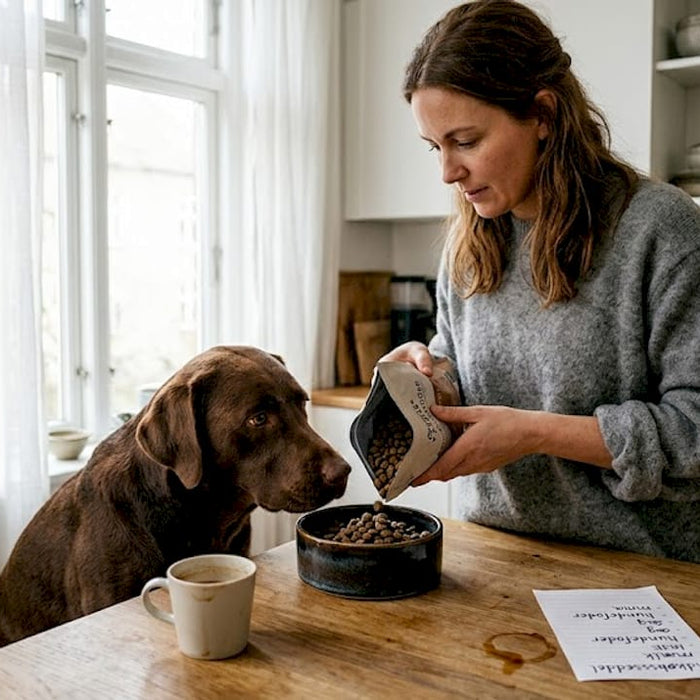 Hunden får sit særlige foder serveret på køkkenbordet