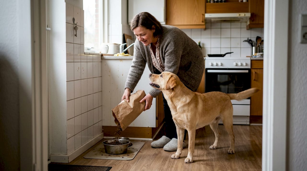 En smilende kvinde giver sin labrador mad i køkkenet