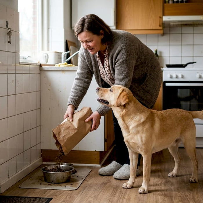 En smilende kvinde giver sin labrador mad i køkkenet