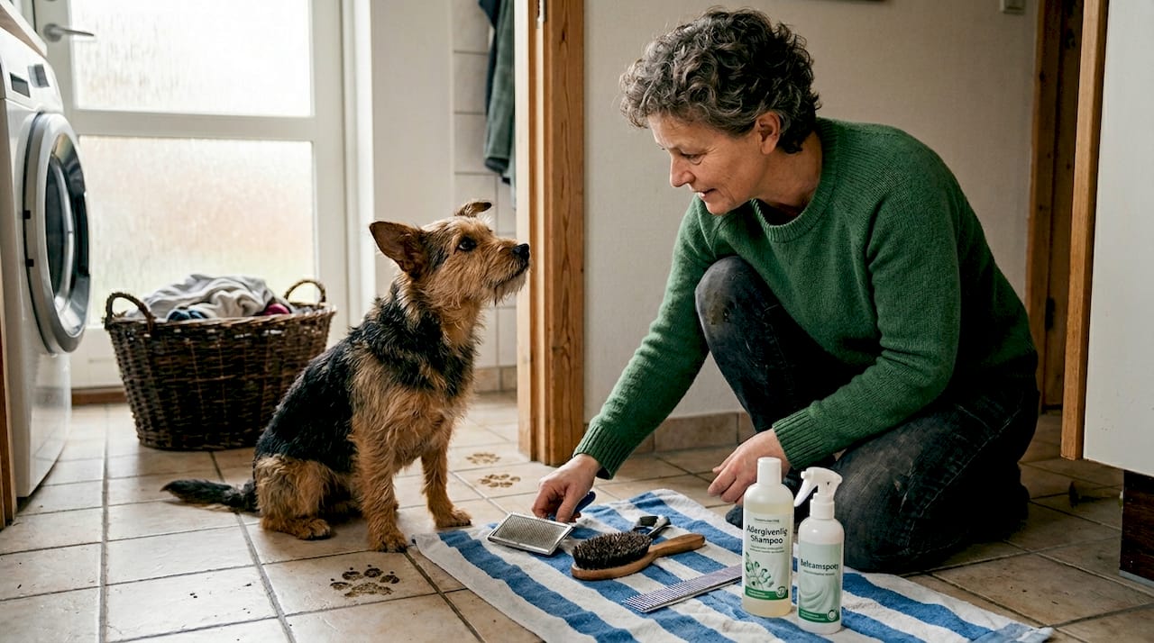 Ejeren gør klar til at pleje hunden derhjemme og finder de nødvendige redskaber frem.