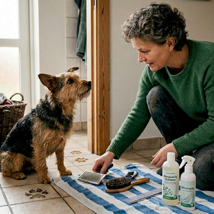 Ejeren gør klar til at pleje hunden derhjemme og finder de nødvendige redskaber frem.