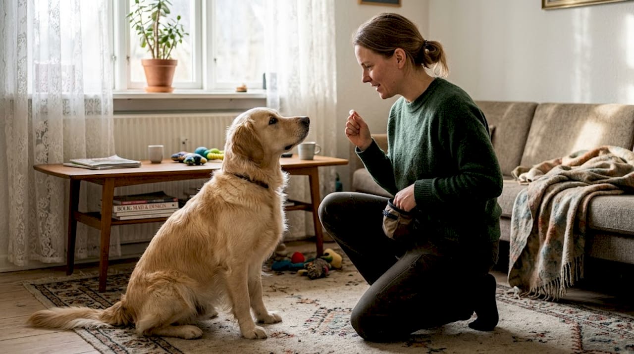 Kvinde øver lydighed med sin hund i stuen