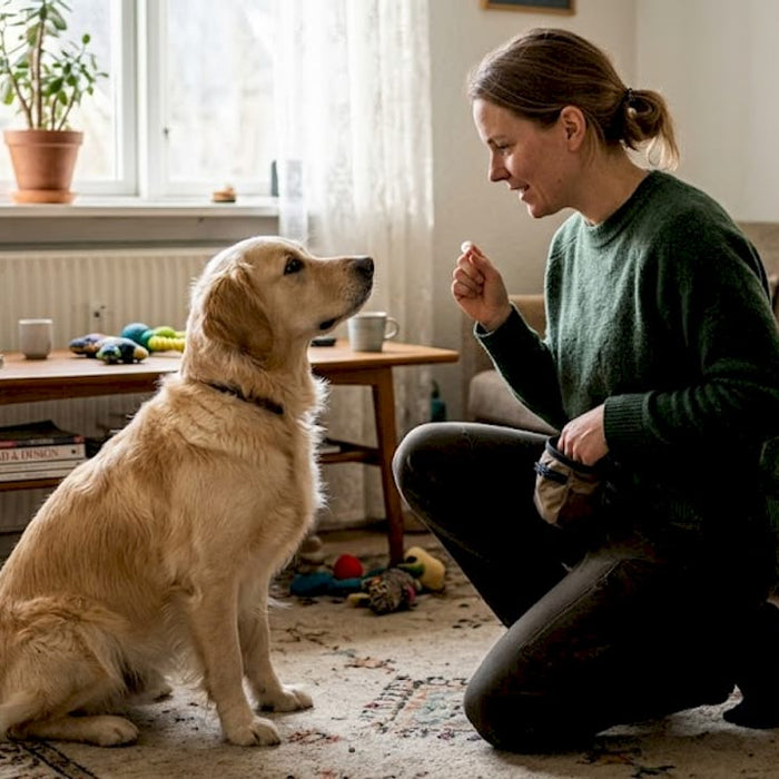Kvinde øver lydighed med sin hund i stuen