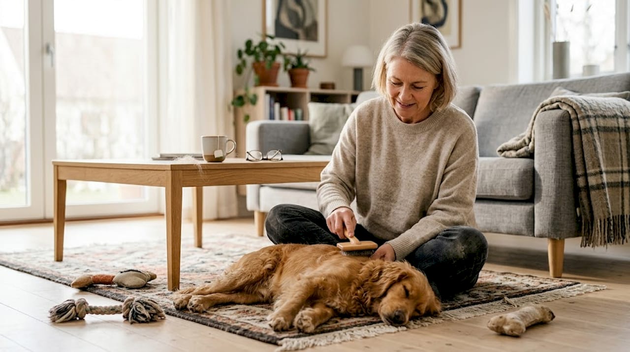 En kvinde sidder i en lys stue og børster sin hund.