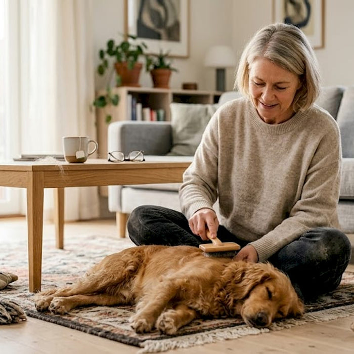 En kvinde sidder i en lys stue og børster sin hund.