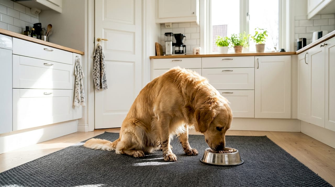 Hunden får serveret nærende mad lavet hjemme i køkkenet.
