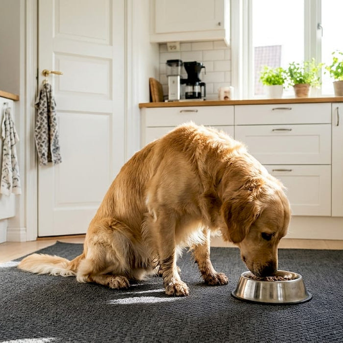 Hunden får serveret nærende mad lavet hjemme i køkkenet.