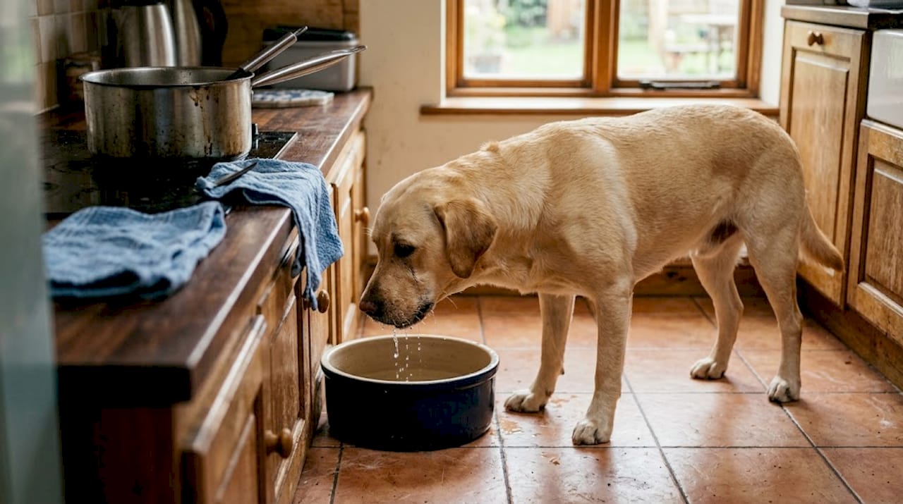 Hunden står i køkkenet og drikker vand af sin skål.