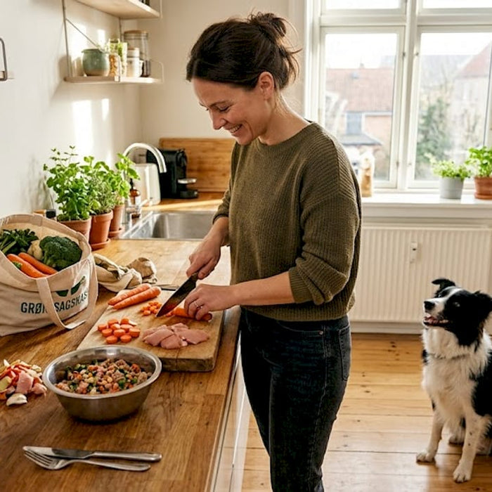 Hundeejer forkæler sin hund med hjemmelavet friskfoder