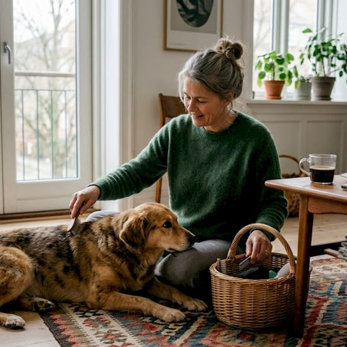 En hund bliver kælet og børstet i stuen, mens hyggen breder sig.