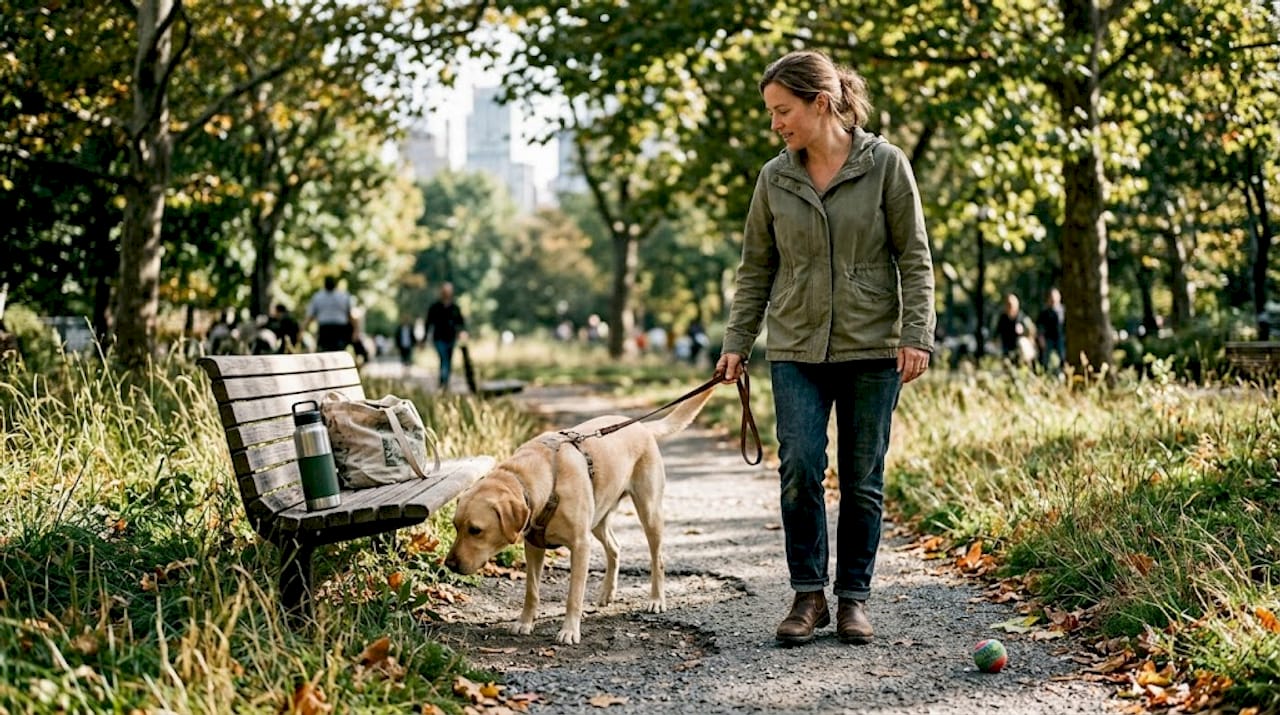 En hundeejer lufter sin hund i byens park