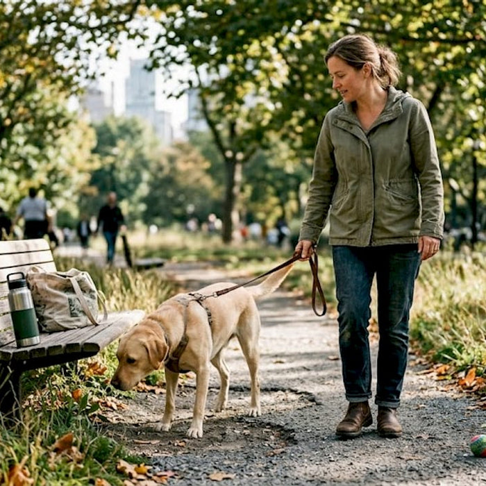 En hundeejer lufter sin hund i byens park