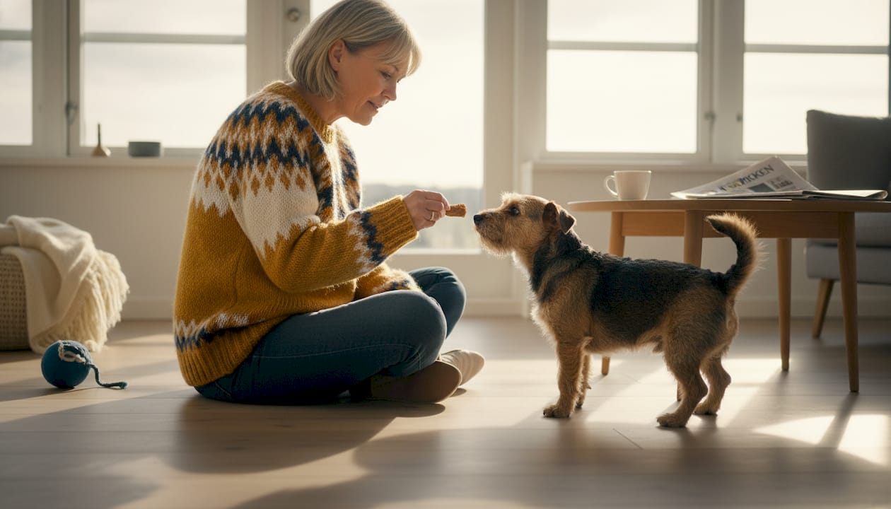 En kvinde forkæler sin hund med en godbid i stuen.