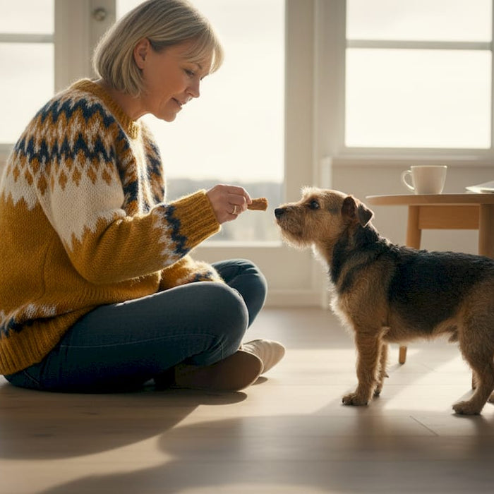 En kvinde forkæler sin hund med en godbid i stuen.