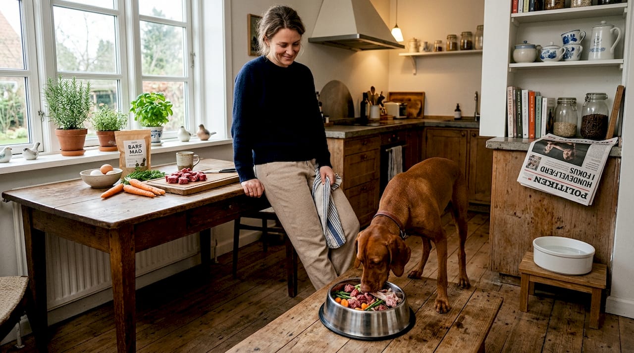 En hund nyder sin barf-mad hjemme i det danske køkken.