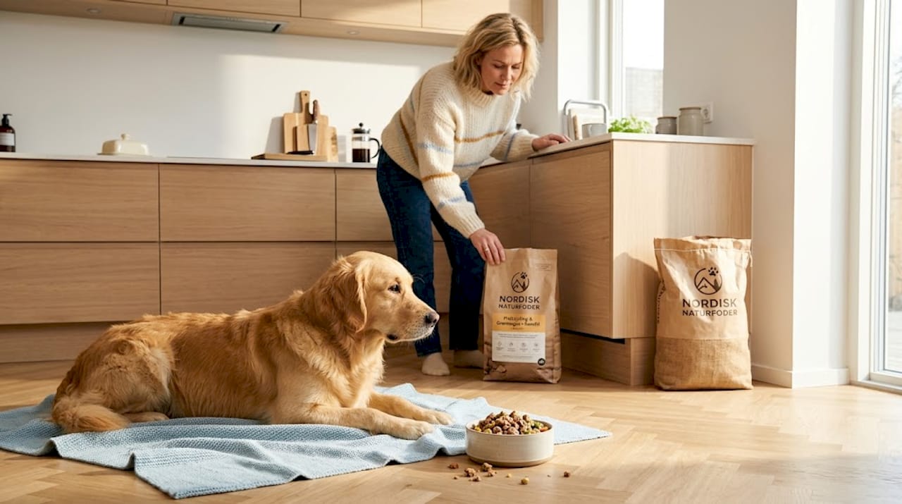 En golden retriever står i det lyse køkken og holder øje med sin foderbold.