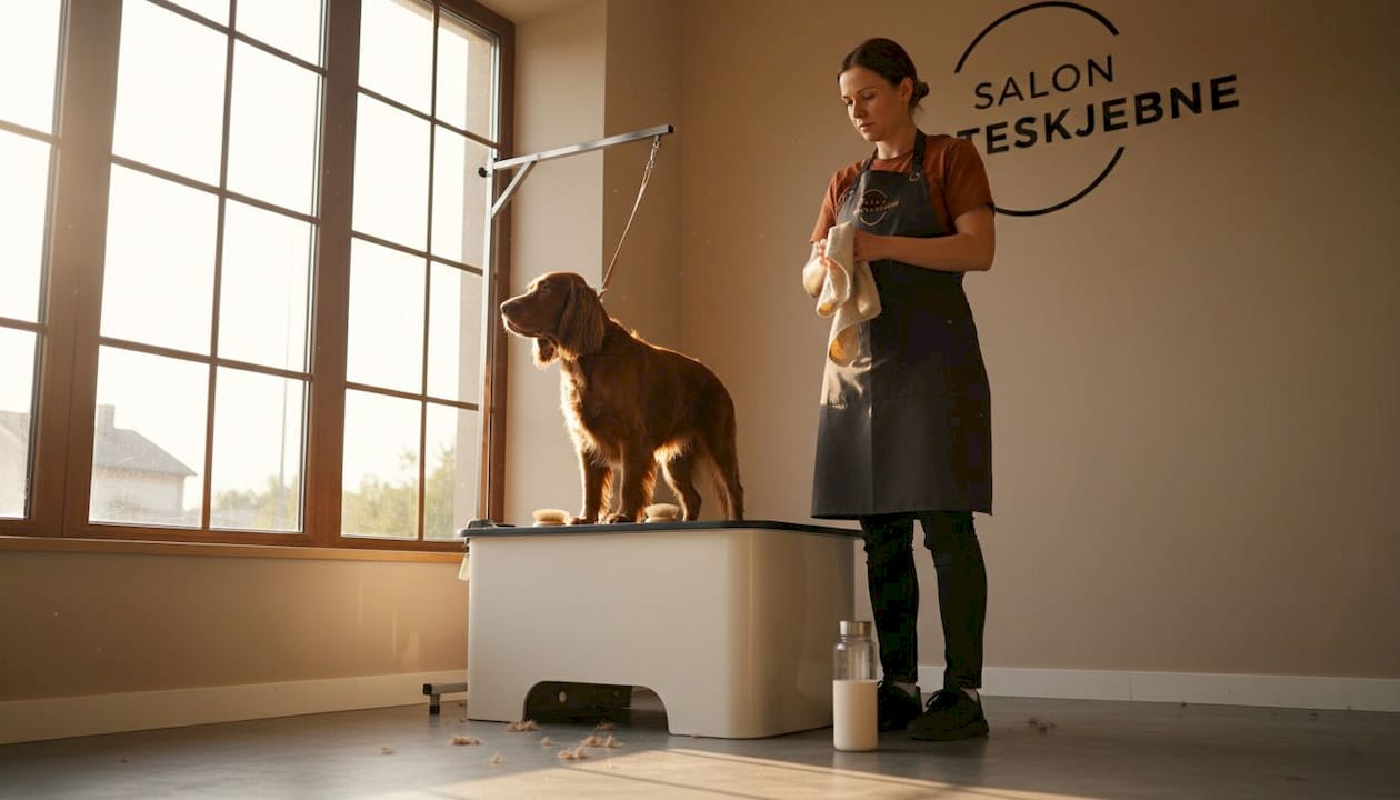 Hundesalonen er gjort klar til dagens kunder – både indretningen og frisøren står parat.