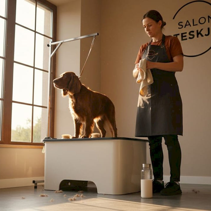 Hundesalonen er gjort klar til dagens kunder – både indretningen og frisøren står parat.