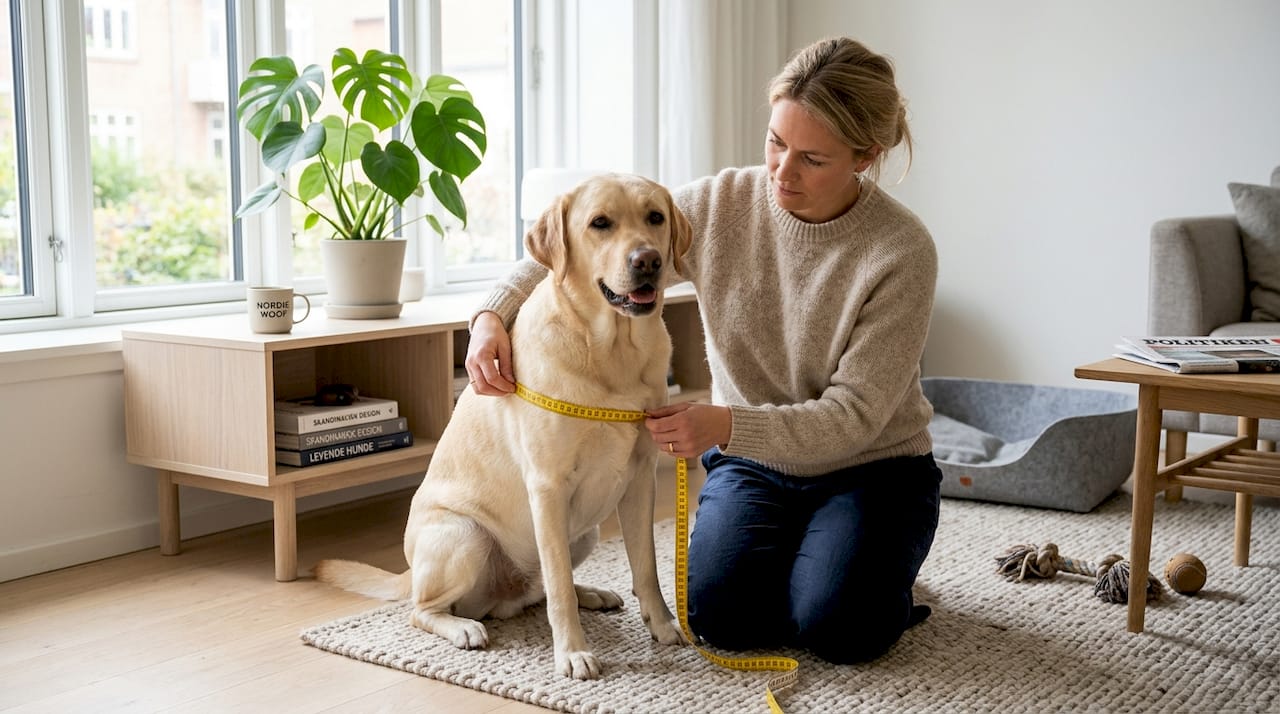 En hundeejer står i stuen og måler sin hund med et målebånd.