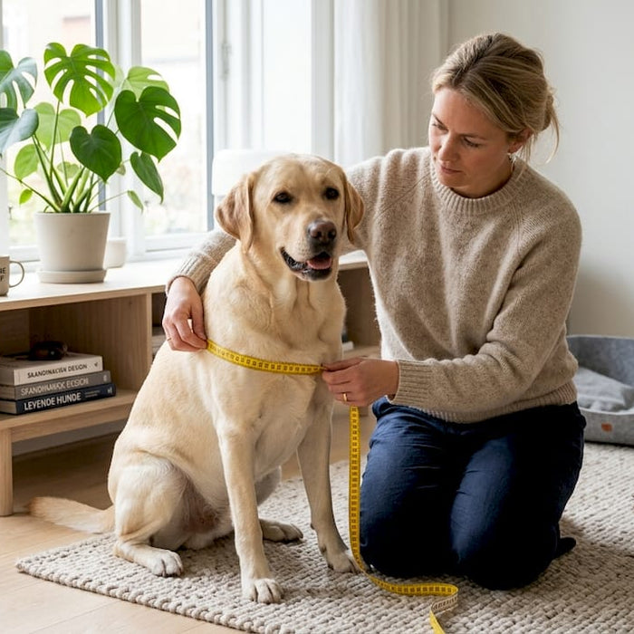 En hundeejer står i stuen og måler sin hund med et målebånd.