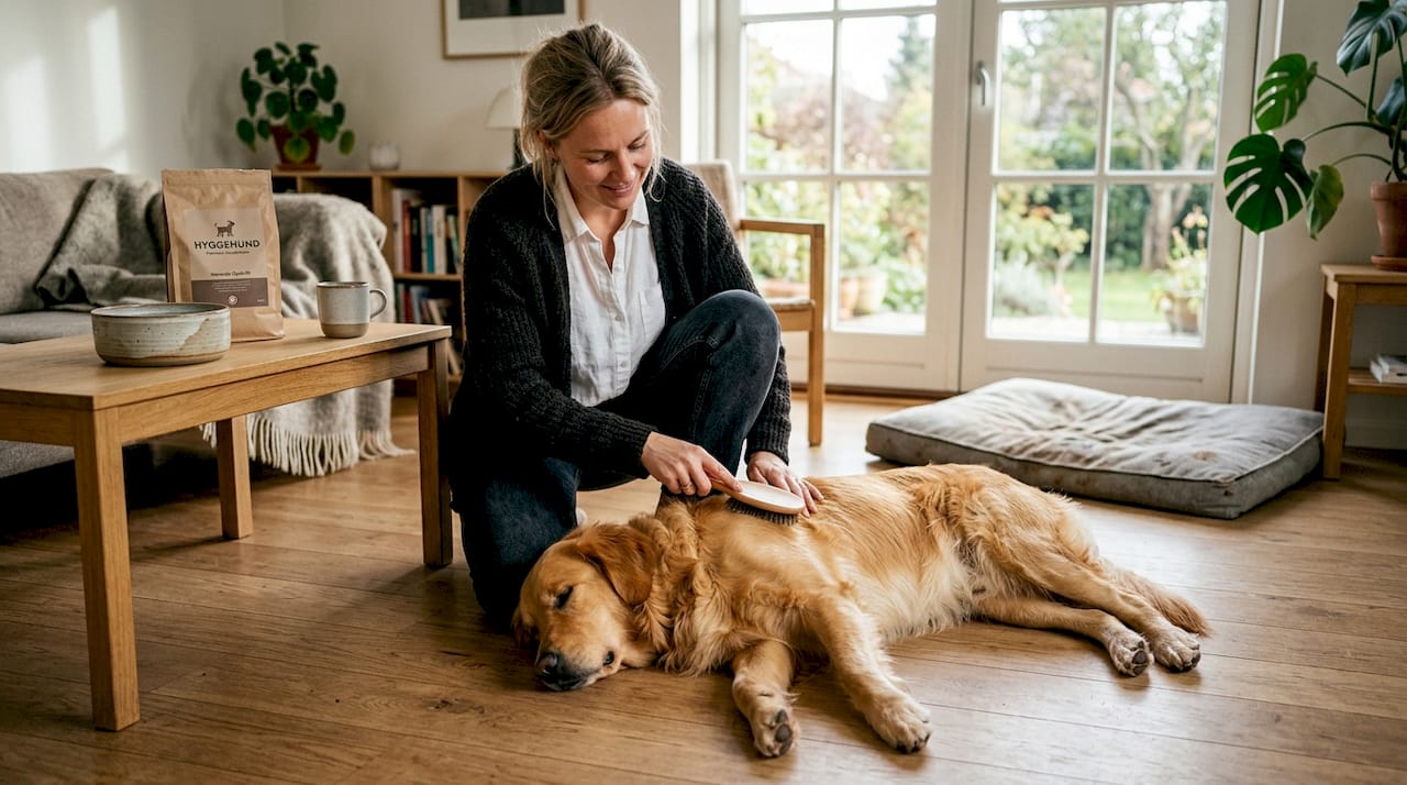 En golden retriever bliver børstet i stuen