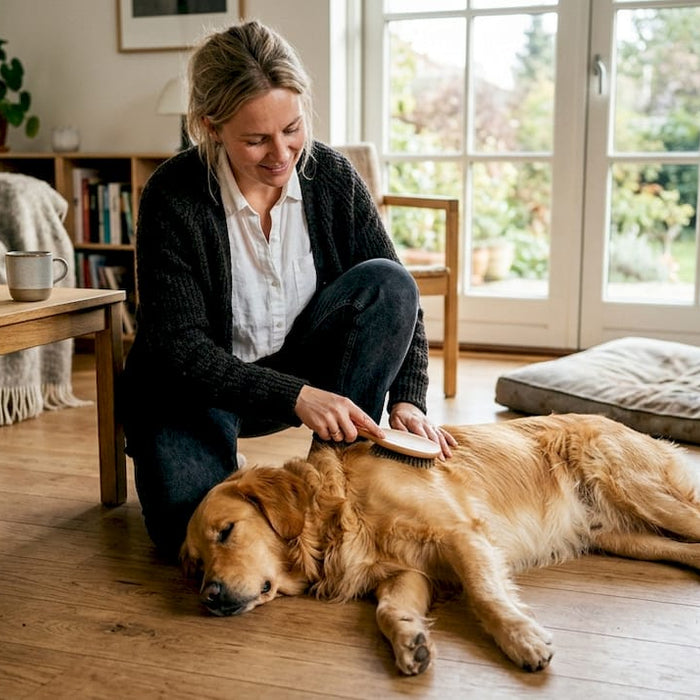 En golden retriever bliver børstet i stuen