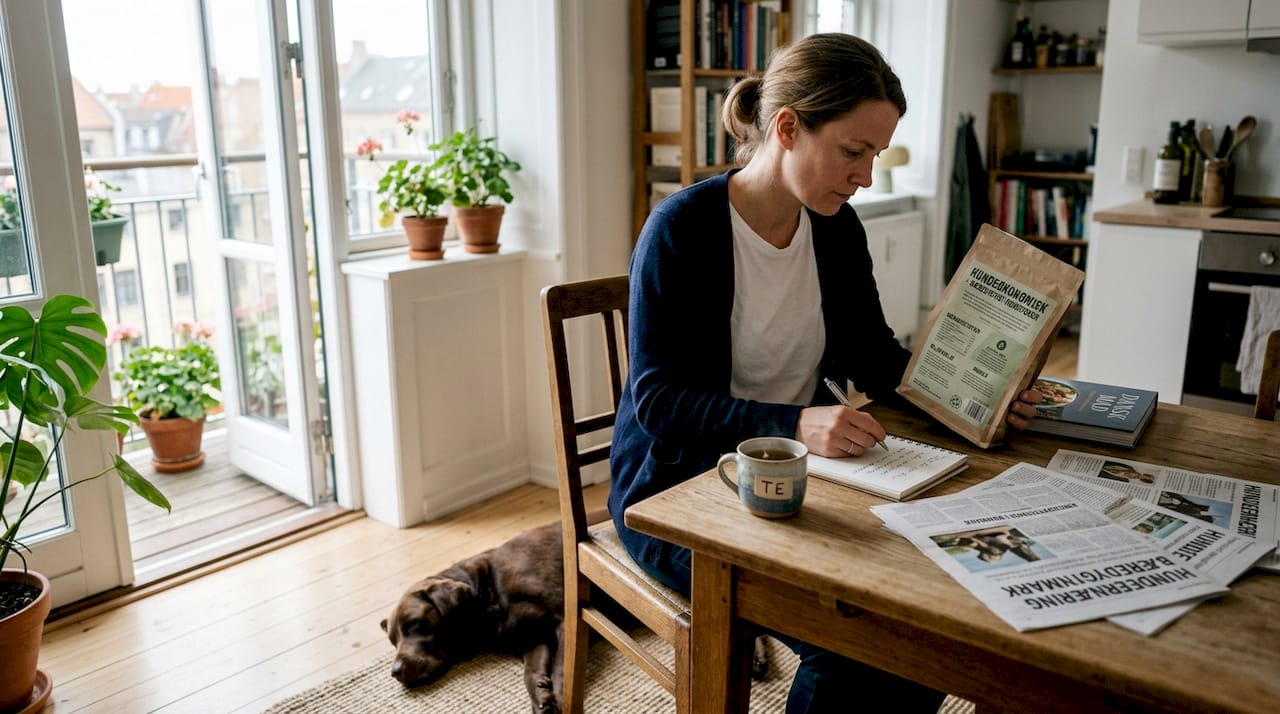 En hundeejer sidder ved spisebordet og kigger nærmere på mulighederne for bæredygtigt hundefoder.