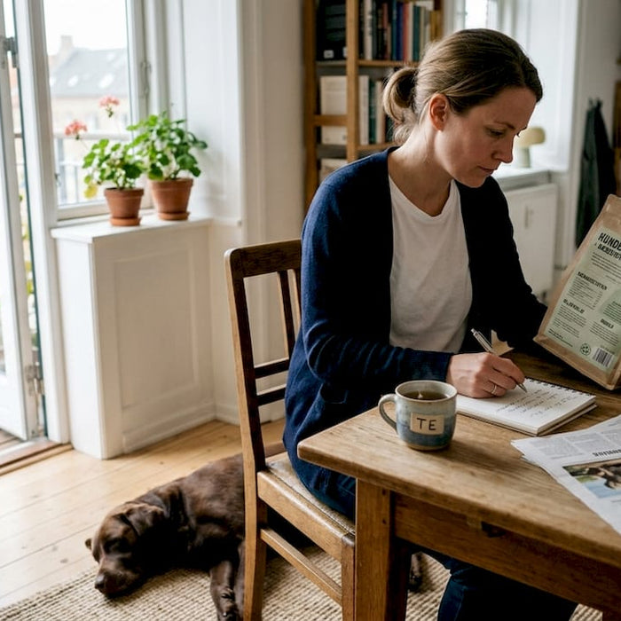 En hundeejer sidder ved spisebordet og kigger nærmere på mulighederne for bæredygtigt hundefoder.