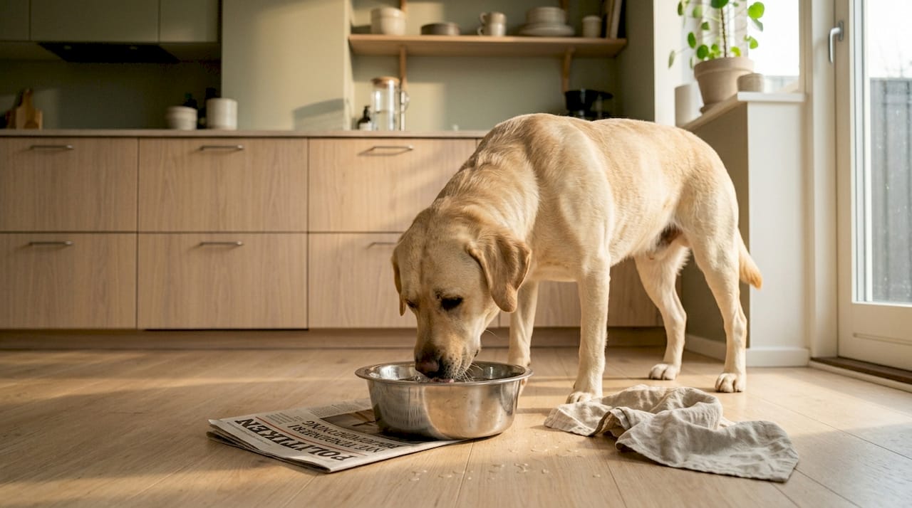 En hund står og lapper vand ved vandskålen i køkkenet derhjemme.
