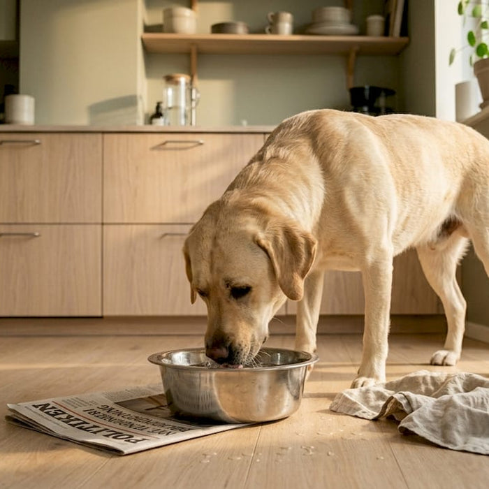 En hund står og lapper vand ved vandskålen i køkkenet derhjemme.
